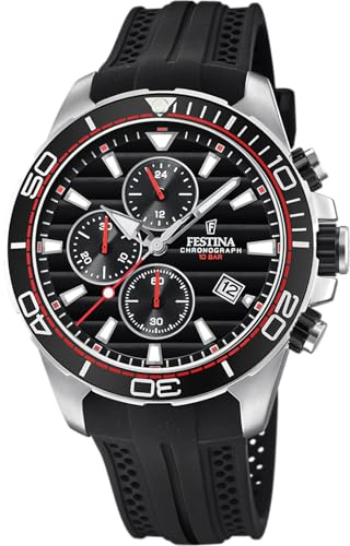 Festina Reloj Hombre Analógico de Caucho Negro - Movimiento de Cuarzo Reloj Deportivo Hombre - Cronógrafo - Calendario - Cristal Mineral Resistente - Resistente al Agua 10 ATM F20370/6 Special Prices
