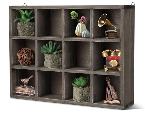 Flexzion Trinket Shelf Shadow Box with Shelves - 12-Compartment Rustic Wood Cubby Wall Shelf for Collectibles, Knick Knacks, Shot Glass Display, Wall Mounted or Freestanding with D-Ring Mounting Tabs