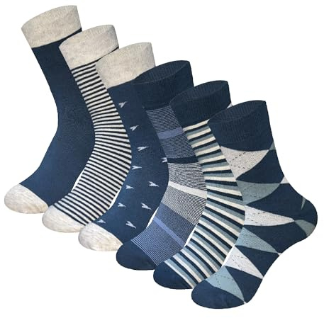 MAGIARTE Mens Dress Socks Patterned Cotton Casual Crew Socks for men 6-Pack (Navy Patterned,L)