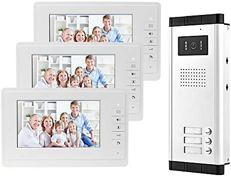 uoweky - Portero de vídeo (7 Pulgadas, con Cable, Sistema de Puerta IR, cámara de visión Nocturna, 480 p + Pantallas de Control Interior para 2/3 Apartamentos (3 monitores)
