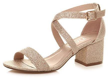 Ajvani Womens Ladies mid Low Block Heel Cross Straps Party Strappy Sandals, Rose Gold Shimmer, 5 UK