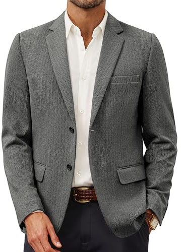 Mens Business Suit Jacket Knit Blazer Slim Fit Herringbone Sport Coat for Office Black