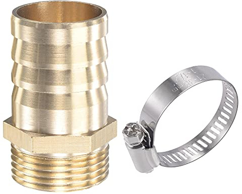 sourcing map Brass Hose Barb Fitting Straight 32mm x G1 Male Thread | Pipe Connector with Stainless Steel Hose Clamp