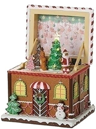Roman Musical Lighted Box Rotating Gingerbread with Lid Collectible Buildings, 6.2-inch Height, Christmas Decoration