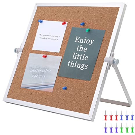 kdafio Tablero de anuncios de corcho de 9.8 x 9.8 pulgadas, tablero de anuncios de doble cara con borde de aluminio plateado, tablero de corcho pequeño de escritorio con soporte, adecuado para el