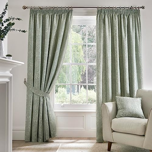 Dreams & Drapes 120 Curtains - 100% Cotton Pair of Pencil Pleat Curtains With Tie-Backs - 66 Width x 90 Drop (168 x 229cm) in Aveline, Green