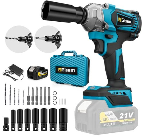 highsam 650Nm Pistola de Impacto a Bateria, 1/2 Pulgadas Llave de Impacto con 4.0Ah Batería y Llaves de Vaso, 18 pzs. para Coche, Maquinarias, Soportes para Edificio