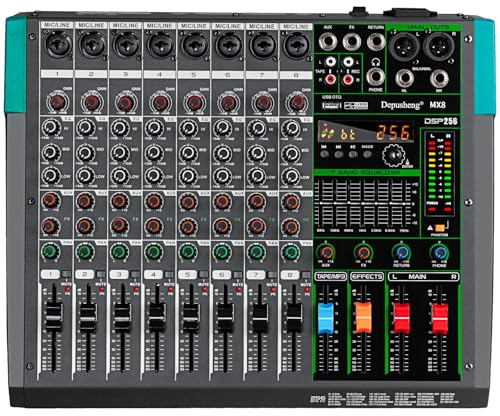 Depusheng MX8 8 Channel Sound Mixer Audio Mixing Console 48V 256DSP Professional USB PC Play Record Podcast Live Broadcast (US MX8)