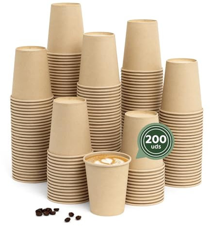 MAXI PRODUCTS -200 unidades Vasos Café Desechables - Vasos Cartón - Vasos Desechables Catering - Vasos Café para Llevar - Vasos Kraft 250 cc - APTO BEBIDAS CALIENTES Y FRÍAS