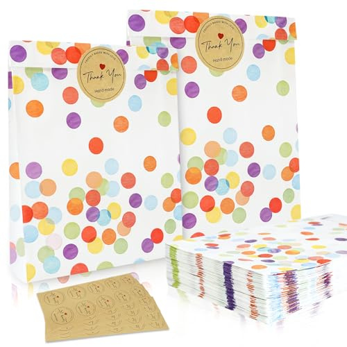 50pcs Rainbow Dots Party Bags Reusable Kraft Paper Bags with 50pcs Stickers