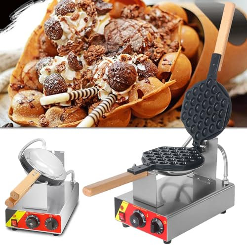 JMOZHCD Bubble Waffle Maker, Hexagonal Egg Bubble Puff Waffle Iron Machine w/ 180° Rotatable & Wooden Handles, Round Commercial Waffle Maker