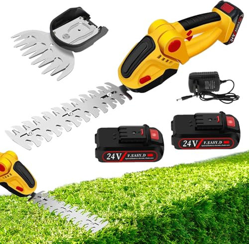 Heckenschere Akku, 24V Gartenschere, Mit 2 x 2000mAh Batterien und Ladegerät, 2 In 1 Schnurlose Akku Grasschere mit 2 Messern, 20000 RPM, Tragbare Gras & Strauchschere, für Garten Rasen (Gelb)