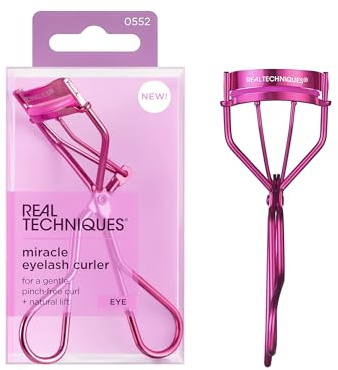 Real Techniques Miracle Piegaciglia delicato per ciglia sollevate, da usare con mascara per volume extra, piegaciglia da viaggio, presa comoda, design senza pizzichi, rosa, non testato sugli animali