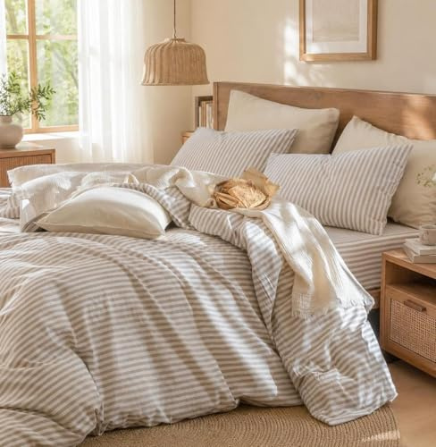 Lanqinglv Ropa de cama de 135 x 200 cm, algodón a rayas, color beige y blanco, 100 % algodón reforzado con cremallera, ropa de cama Öko-Tex adecuada para alérgicos, 1 funda nórdica y 1 funda de