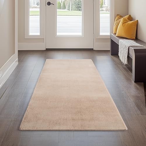 Carpetsale24 Kurzflor Teppich Läufer Flur 60 x 100 cm Beige - Teppich Waschbar, rutschfest, Weich, modern einfarbig Design - für Wohnzimmer, Schlafzimmer, Küche, Esszimmer