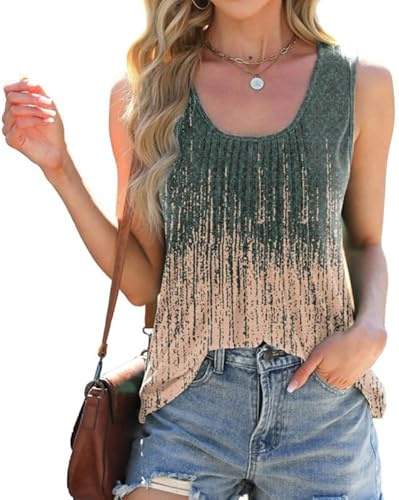 Sukiglam Débardeur Femme sans Manche Imprimé Col en U Femme Ete Haut Chic et Elegant Chemisiers Casual Loose Fit Tank Tops Plissé Tunique T Shirt Long Blouse