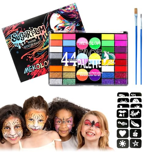 Sminkset för barn, 44 färger, ansiktsfärger, barnsmink, kroppsmålningsfärger, vattenbaserad med 4 mönstermallar, 2 penslar, tvättbar teatersmink för barn, för halloween, karneval, maskerad