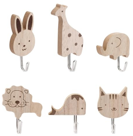 6 Stück Süße Tier Kindergarderobe Haken, Selbstklebende Holz Kleiderhaken Kinder,Garderobenhaken Kinder,Kaninchen,Giraffe,Elefant,Löwe,Wal, Katze Cartoon Wandhaken für Schlafzimmer Kinderzimmer Küche