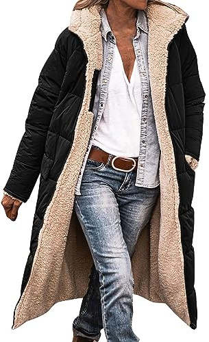 Winter Jackets For Women Uk 2025 Ladies Fashionable Longline Warm Winter Coat Double Faced Waterproof Coats Long Sleeve Hooded Down Jacket Warm Up Outfits Casual Plus Size Womens Parka Coat Black