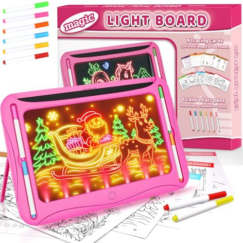 Magic LED Drawing Board for Kids, Toys for Girls Glow in the Dark, Light Up Tracing Pad with 9 Dual-Sided Card, 6 Marker, Doodle Writing Tablet Toddler Learning Toy, Art & Craft Kit Xmas Birthday Gift
