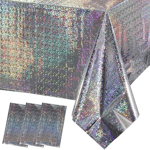 3 st laser holografiska bordsdukar silver rektangulära vattentäta glitter bordsdukar, 137x274 cm laserfolie plast bordsdukar för fest, födelsedag, bröllop, metallisk bordsfolie
