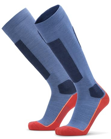 DANISH ENDURANCE Merino Wool Thermal Ski Socks, Ultra Light Precision Fit for Direct Boot Contact and Control, Blue/Red, 6-8