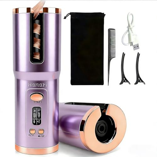 Cordless Automatic Curling Iron, 6 Temp Settings, All Hair Types, 6500mAh Max Battery, Type-C Fast Charge, Ceramic Ionic Hair Curler for Travel & Outdoor Use, AntiScald Auto Shut Off(150-200 ℃) Purple