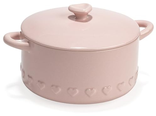 Paris Hilton Iconic Ceramic Stoneware Casserole Dish With Lid, Oven Safe Up To 450°F, Dishwasher & Microwave Safe, 28oz, Pink with Embossed Heart Design