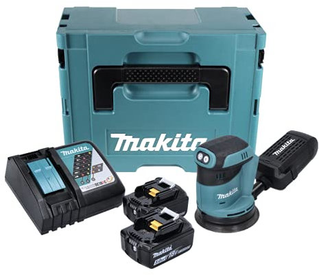 Makita DBO 180 RTJ - Lijadora excéntrica (18 V, incluye 2 baterías de 5,0 Ah, cargador y Makpac)
