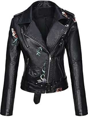 Bellivera Women's Faux Leather Embroidered Casual Lapel Jacket Floral Lightweight Moto Biker Coat for Spring Fall 1702020 Black S