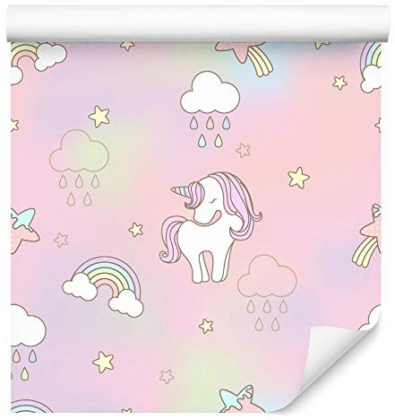 Wallepic 717531823 - Carta da parati per bambini, motivo: unicorni colorati, stelle e nuvole, sfondo in tessuto non tessuto, per cameretta dei bambini, motivo floreale