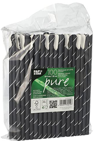 PAPSTAR Lot de 100 pailles en papier avec cuillère, diamètre 8 mm, 20 cm, noir/blanc 87991