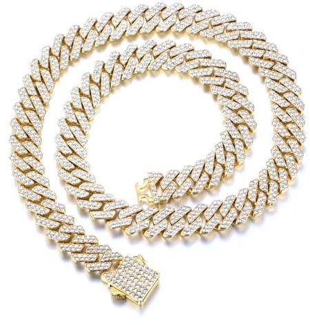 HALUKAKAH Placcato in Vero Oro 18 Carati Diamante Cubano Collana a Maglie per Uomo - Oltre 1000 Lab Diamanti - Larghezza 12 mm Lunghezza 45 cm - con Confezione Regalo
