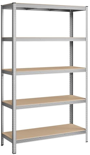 SONGMICS Schwerlastregal, Kellerregal, Lagerregal, 60 x 120 x 200 cm, Regal mit Stahlgestell, bis 750 kg belastbar, 5 verstellbare Ablagen, silbern GLR060E01