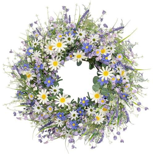 Corona de Primavera de 22 Pulgadas, Coronas Artificiales de Primavera para Puerta Delantera, Coronas de Flores de Primavera con Margarita Lanvender para decoración de Primavera y Verano y decoración