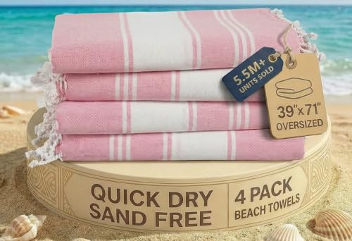 LANE LINEN Turkish Beach Towel Set Of 4 - Cotton Rich Beach Towels, Pre-Washed Pool Towel, Extra Large Beach Towel, Quick Dry & Sand Free, Absorbent Travel Towel, 39x71 - Candy Pink