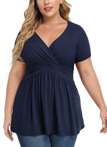 TIANZHU Tops de talla grande para mujer Vestido de bebé envolvente tipo blusa suave, túnica elegante con cuello en V, XL-4XL, XXL