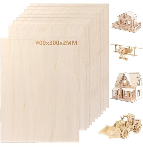 FWEEK Lot de 10 contreplaqué 2mm, 400 x 300 mm planche bois, panneau contre-plaqué A3, panneau bois, feuilles de contreplaqué de tilleul, feuilles parfaites pour le travail du bois