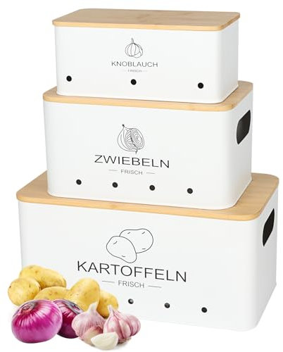 Avmvnvc Boite Pomme de Terre - Lot de 3 Rangement Pomme de Terre Oignons Ail Echalottes - Boite Oignons Ail Echalotte avec Couvercle en Bambou - Boite Rangement Cuisine (Blanc, Rectangulaire)