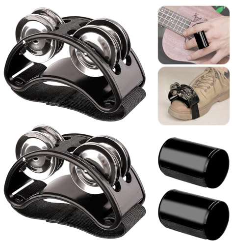 Rigych 4 PCS Foot Tambourine Shaker & Rhythm Finger Shaker with Elastic Strap, Percussion Instrument Set for Ukulele Guitar Drum Mandolin Banjo Playing (Black)