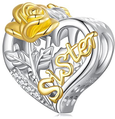Halskette Damen,Personalisiertes Schwesterherz aus 925er Sterlingsilber mit 3D-Rosenblüten-Charm-Perlen