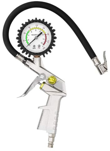 REY Manómetro Presión 220PSI Neumáticos Mecánico, Analógico, Color Negro-Plata