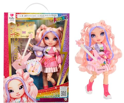 Rainbow High Junior High Rock Band - Bella, rosa - Bambola Fashion di 23 cm con Basso, Personalizzabile con Adesivi, Snodata, Età 4+