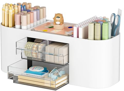 Marbrasse Schreibtisch Organizer mit 3 Schubladen,Multifunktionaler Stiftehalter,Schreibtischzubehör & Ablage mit 7 Fächern für Haus,Schule,Klassenzimmer(Weiß)