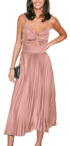 CUPSHE - Abito da donna in satin, scollo a V, senza maniche, a pieghe, con torsione frontale, elegante, da festa, maxi, camicia da notte, Colore: rosa., M