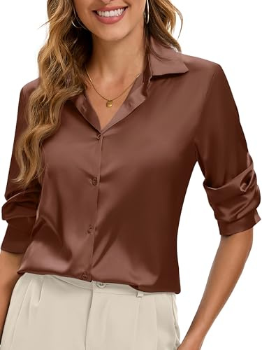 Syewan Camisas de manga larga con botones de seda satinada elástica suave y transpirable para mujer, blusas de vestir de trabajo, Marrón, S