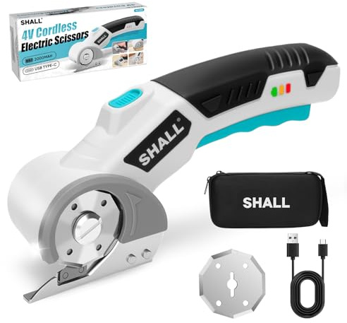 SHALL 4 V schnurlose Elektrische Schere,Rotary Cutter(White&Blue),LED-Licht & Ersatzklinge,für Stoff, Leder, Teppich, Karton und Kunststoff