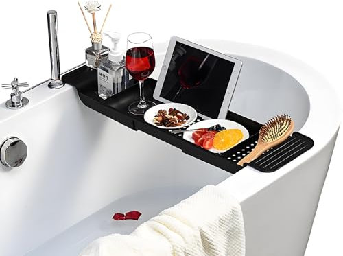 LOORMEI Adjustable Bathtub Caddy Tray，Durable Plastic Shower Caddy ，Convenient Bathroom Storage for Place Candles,Wine Glass,Book, Phone or iPad (Black/White) (Black)