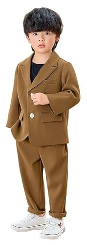 Generisch Completo da bambino estivo per ragazzi, 3 pezzi, abito da smoking per bambini, completo formale per ragazzi con pantaloni e camicia per neonati, marrone, 5-6 Anni