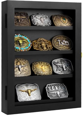 3 Belt Buckle Display Case 16×12 Black Shadow Box with Glass Door – Wall-Mounted Belt Buckle Holder & Display Frame for Collectibles – Home Décor Picture Frame (For belt buckles under 3 in height only)